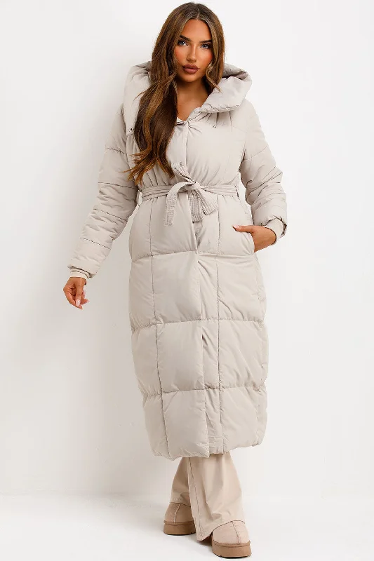 fashionable quilted coatLong Puffer Coat With Hood And Belt Beige