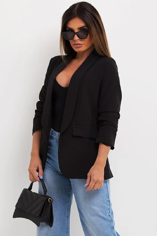 fashion-forward coatBlack Ruched Sleeve Blazer