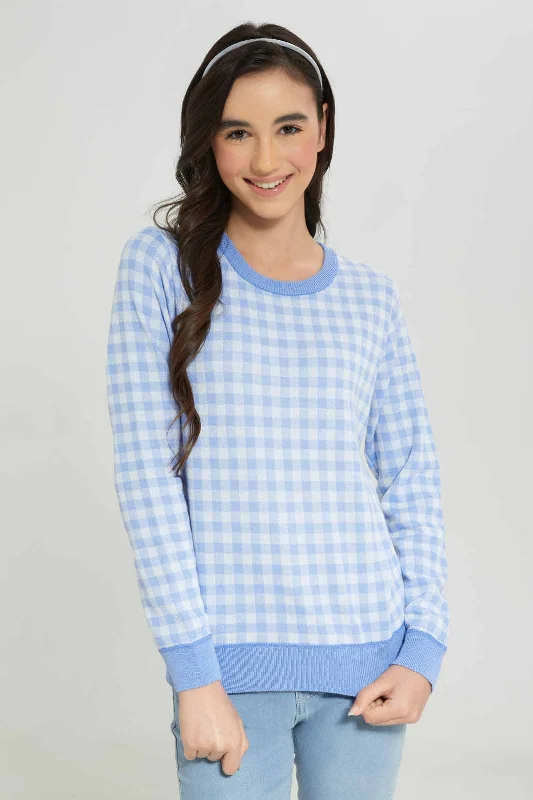 Senior Girls Blue and White Gingham Print Pullover