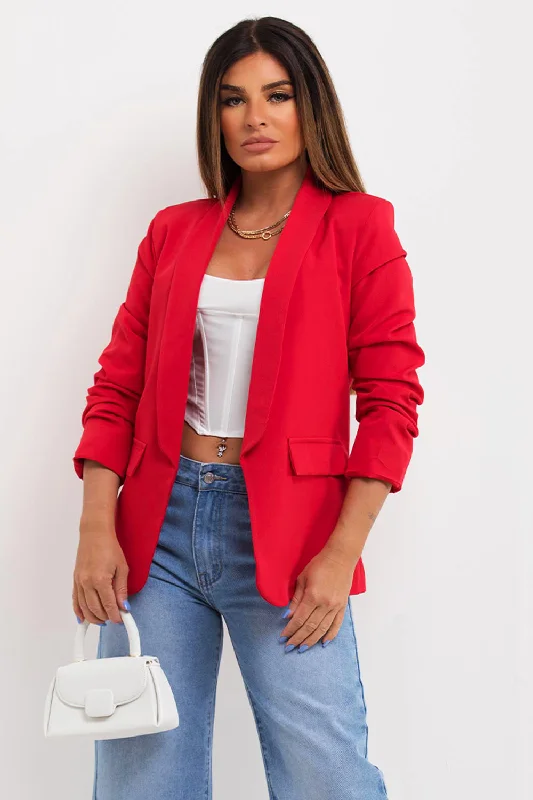 outdoor adventure coatRed Ruched Sleeve Blazer