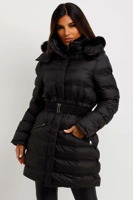 sleek trench coatPuffer Padded Coat With Fur Hood And Belt Black