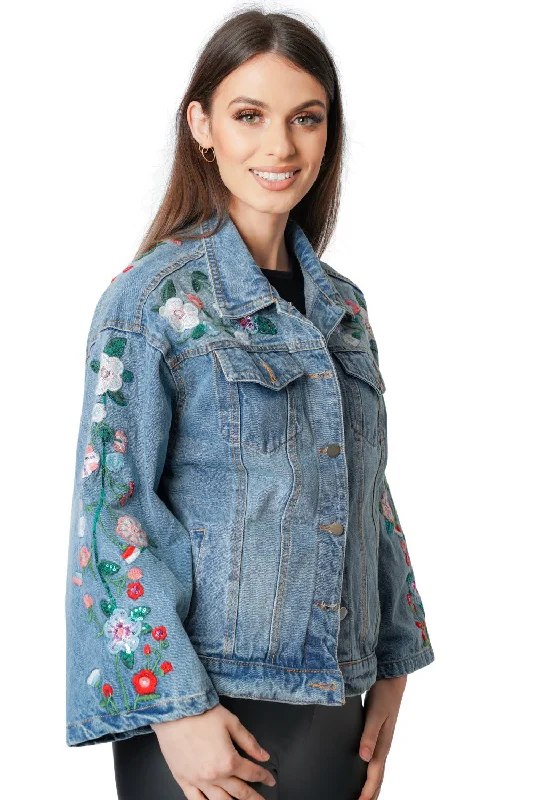 tailored coatDenim Blue Floral Embroidery Flare Sleeve Jacket